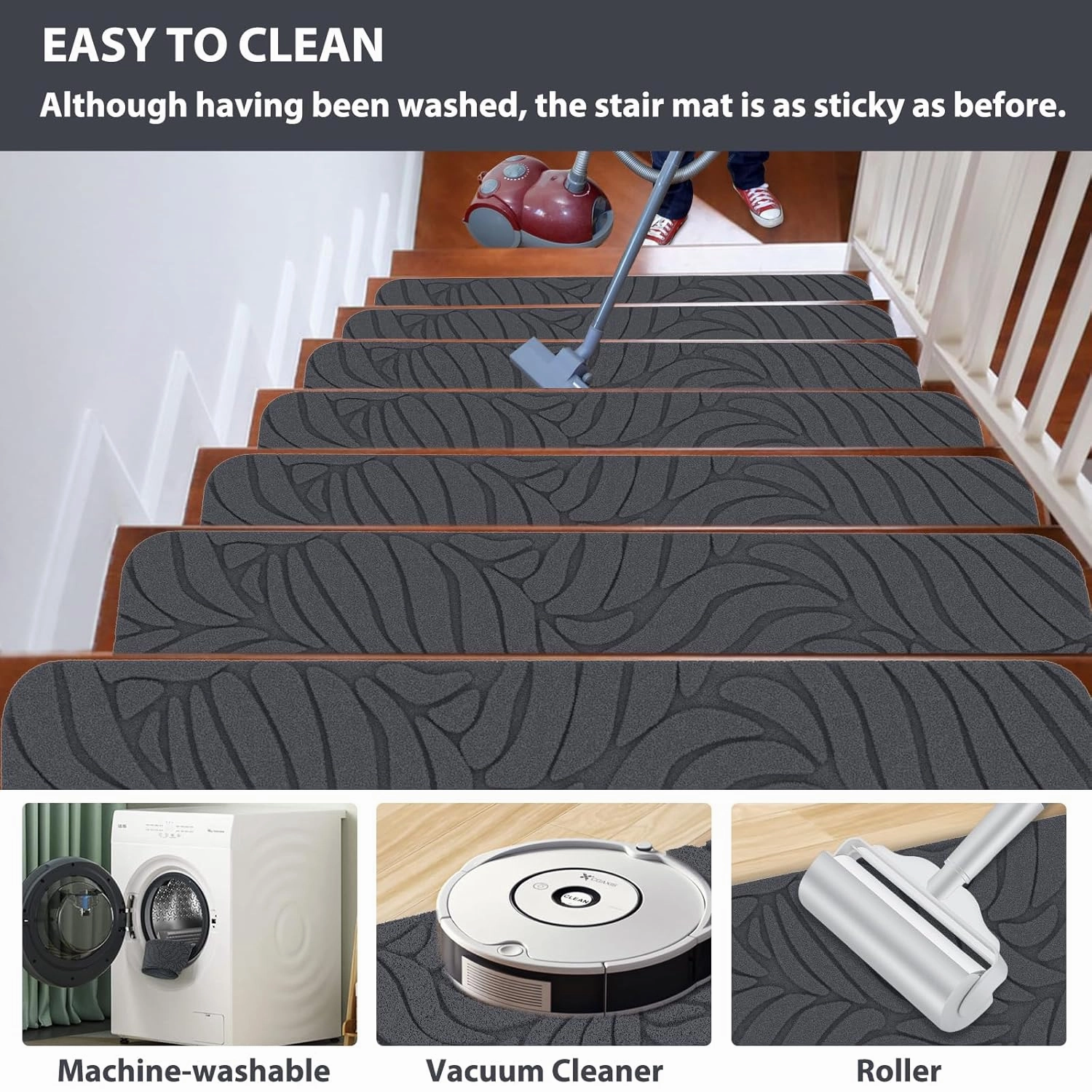 Stair Treads Non Slip for Wooden Steps, 8" X 30" (15-Pack) Stair Runner Carpet Treads Indoor with Reusable Adhesive, Stairslide Carpets Rugs Safety Mats for Elders, Kids & Dogs, Grey