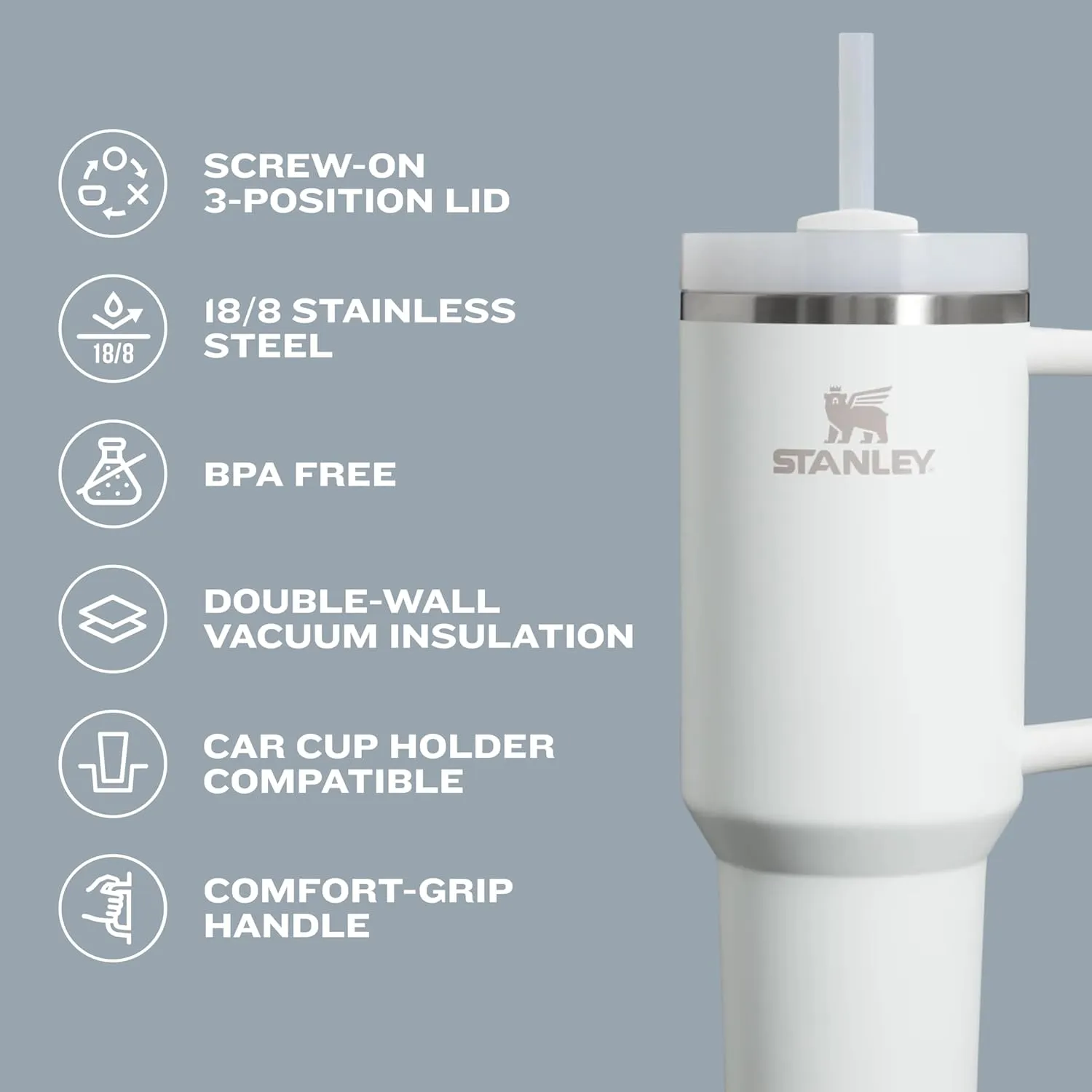 Stanley Quencher H2.0 Tumbler with Handle and Straw 20 oz | Flowstate 3-Position Lid | Cup Holder Compatible for Travel | Insulated Stainless Steel Cup | BPA-Free | Frost