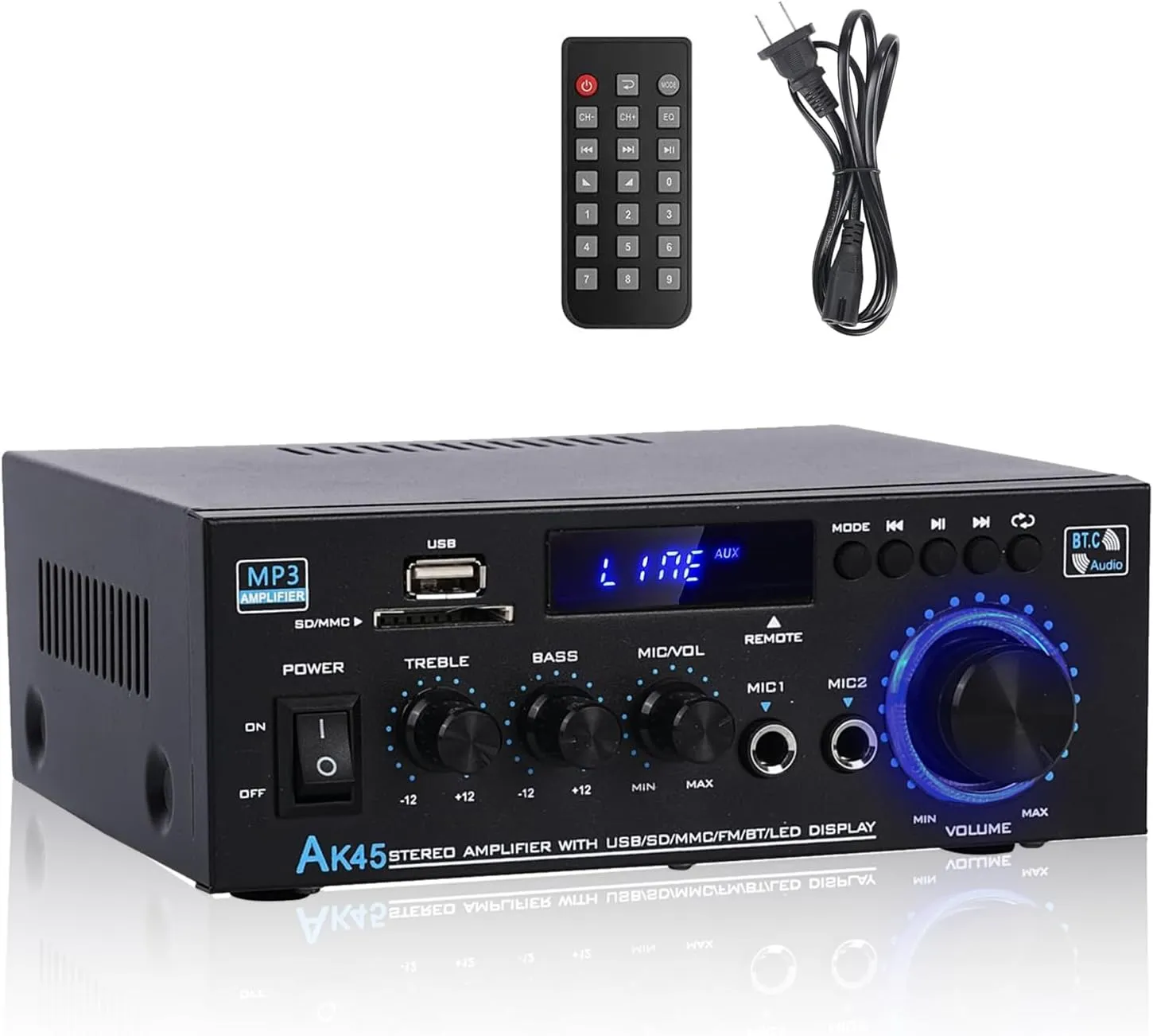 Stereo Home Audio Amplifier Receiver AK45, 600W Bluetooth 5.0 HiFi Stereo Power Amplifier 2.0 Channel RMS 40W x 2 Home Audio System with Remote Control Amp W/MIC,USB, RCA,FM Radio