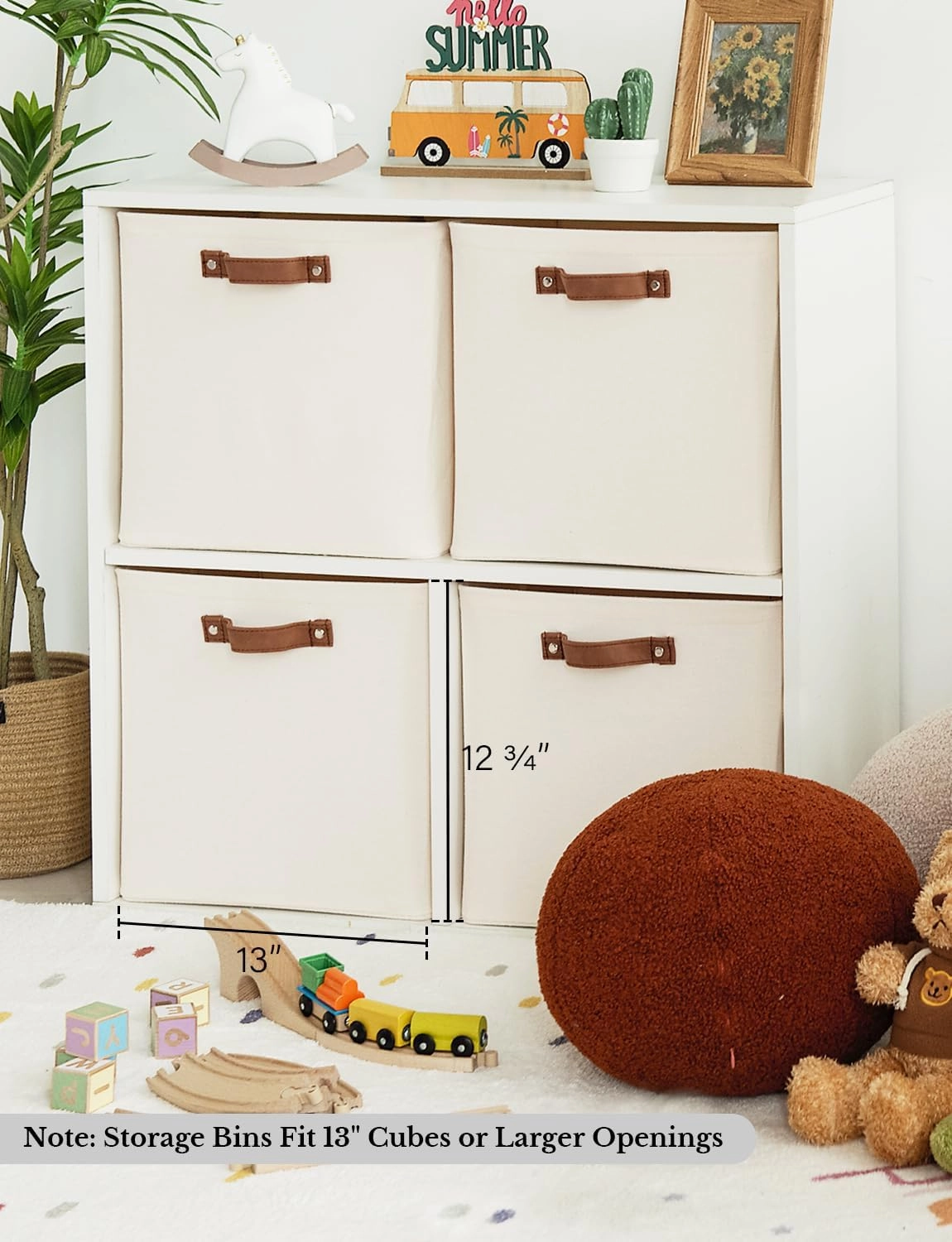 StorageWorks 13x13 Inches Storage Cube, Fabric Storage Bins with PU Handles, Collapsible Organizer Baskets for Closet, Beige, 4-Pack