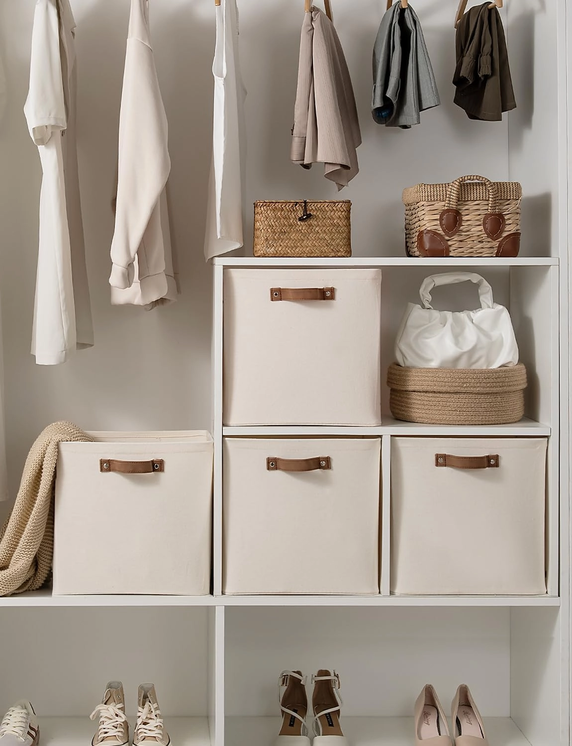 StorageWorks 13x13 Inches Storage Cube, Fabric Storage Bins with PU Handles, Collapsible Organizer Baskets for Closet, Beige, 4-Pack