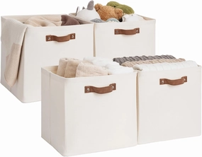 StorageWorks 13x13 Inches Storage Cube, Fabric Storage Bins with PU Handles, Collapsible Organizer Baskets for Closet, Beige, 4-Pack