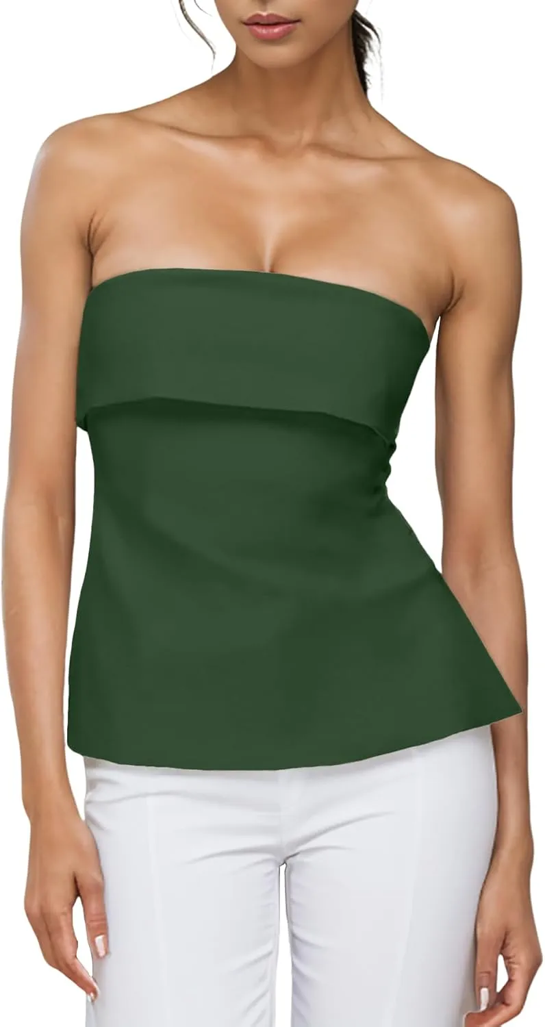 Strapless Tube Tops for Women Backless Going Out Bandeau Top Sexy Trendy Off Shoulder Side Split Summer Bustier Tops