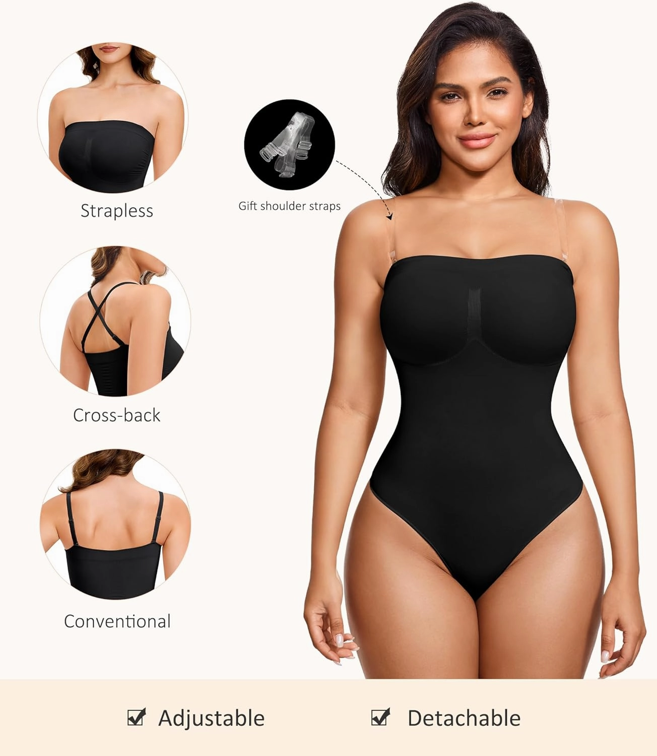 Strapless Thong Bodysuit for Women Seamless Tummy Control Shapewear Body Shaper -Removable Strap Tube Top Leotard