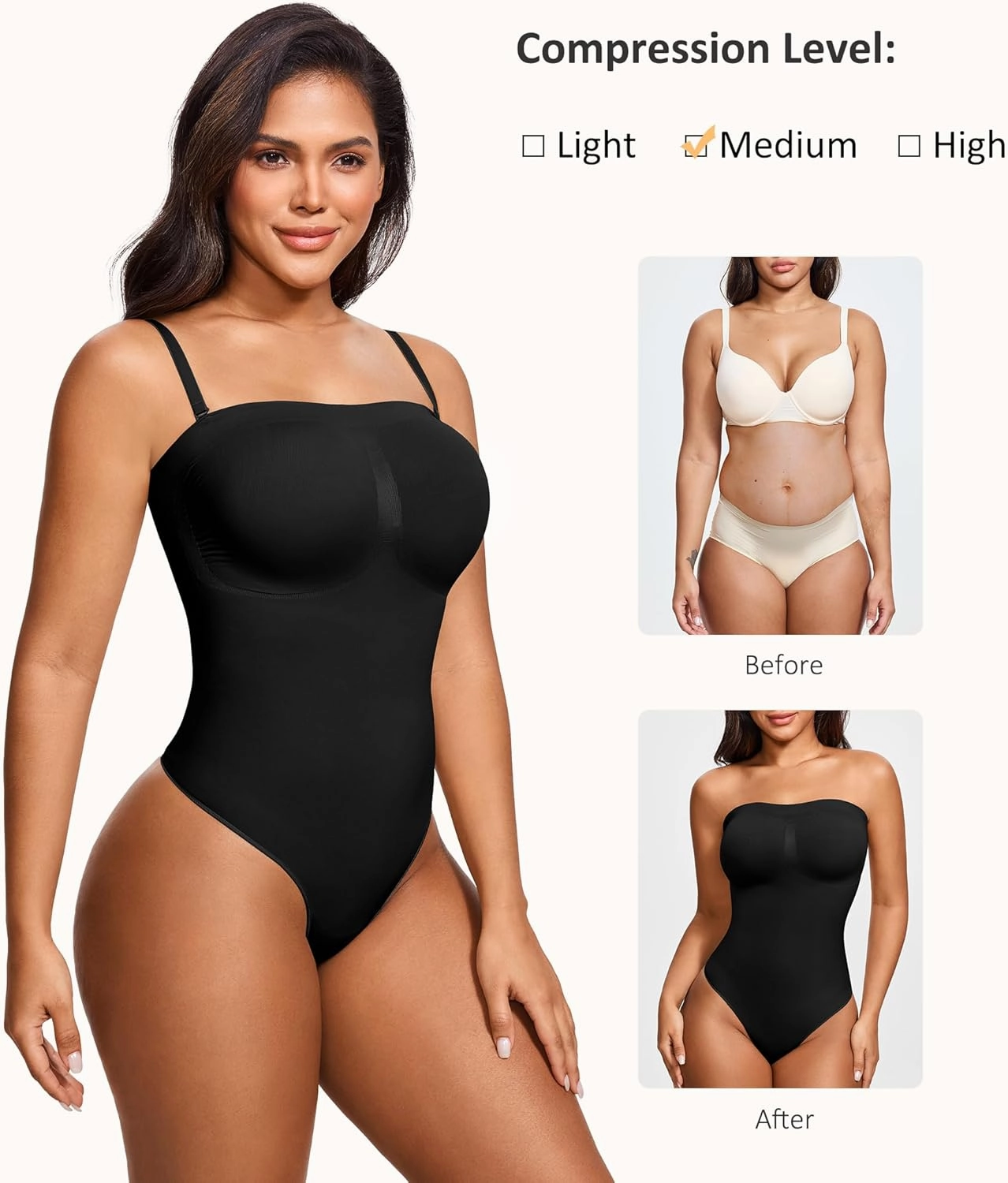 Strapless Thong Bodysuit for Women Seamless Tummy Control Shapewear Body Shaper -Removable Strap Tube Top Leotard