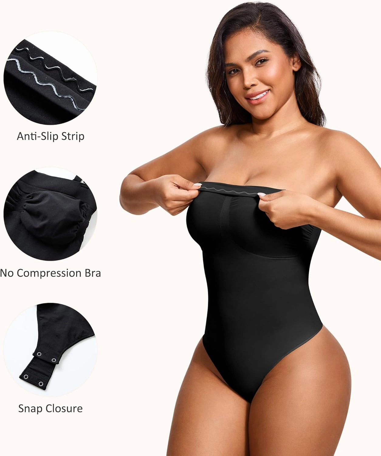 Strapless Thong Bodysuit for Women Seamless Tummy Control Shapewear Body Shaper -Removable Strap Tube Top Leotard
