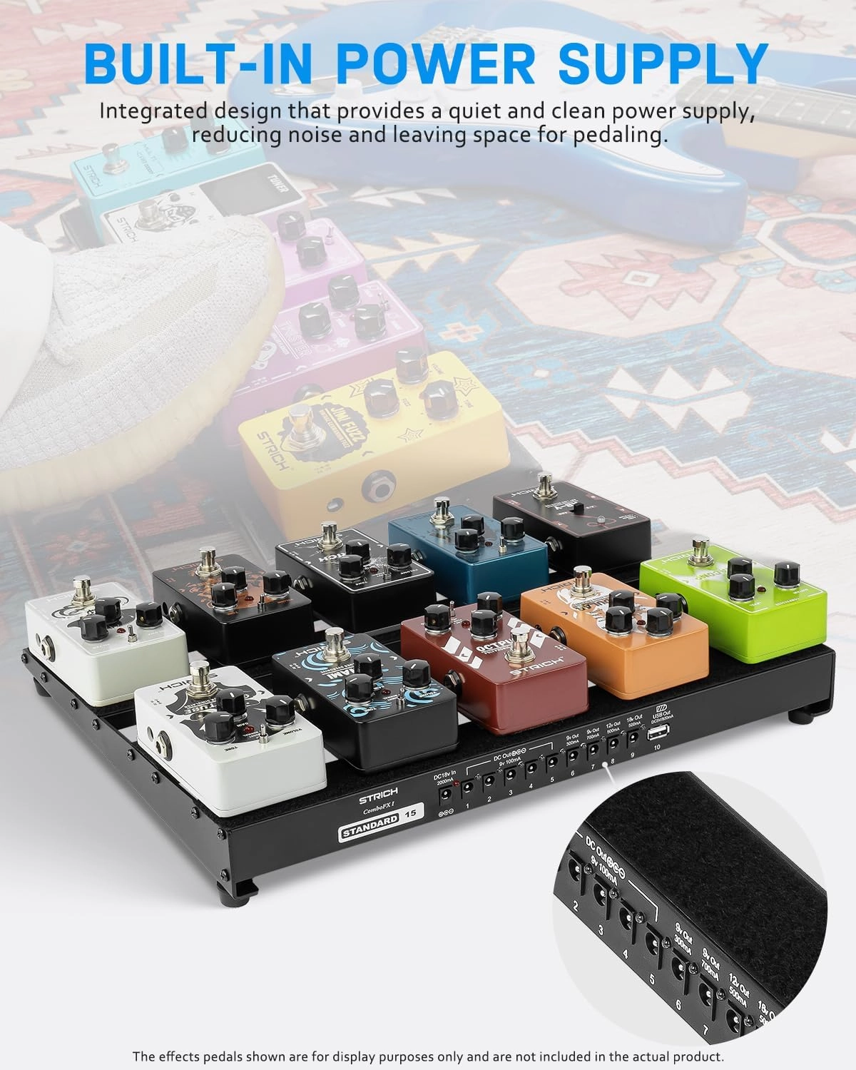 STRICH Guitar Pedal Board with Built-in Power Supply, Pedal Board 15 x 11" 2.17LB Lightweight Aluminum Alloy, PedalBoard with Pedal Cables, Bag, Hook Loop Strips PB-S15