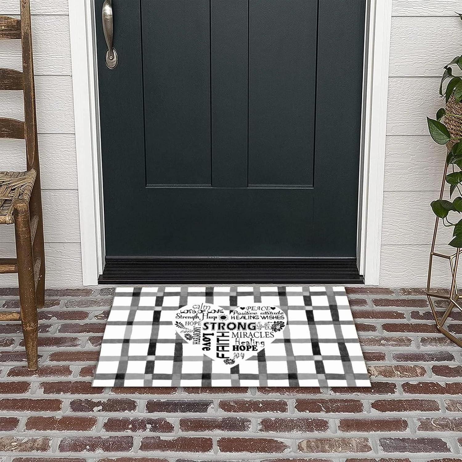 Strong Hope Strength Peace Calm Faith Hugs Healing Positive Coconut Coir Door Mats Love Heart Black White Buffalo Plaid Front Door Porch Outside Dries Quickly Easy to Maintain Housewarming Gift 24x36