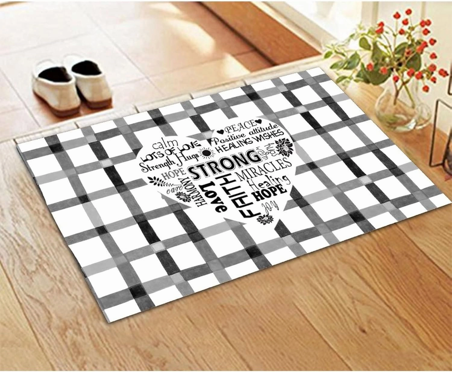 Strong Hope Strength Peace Calm Faith Hugs Healing Positive Coconut Coir Door Mats Love Heart Black White Buffalo Plaid Front Door Porch Outside Dries Quickly Easy to Maintain Housewarming Gift 24x36