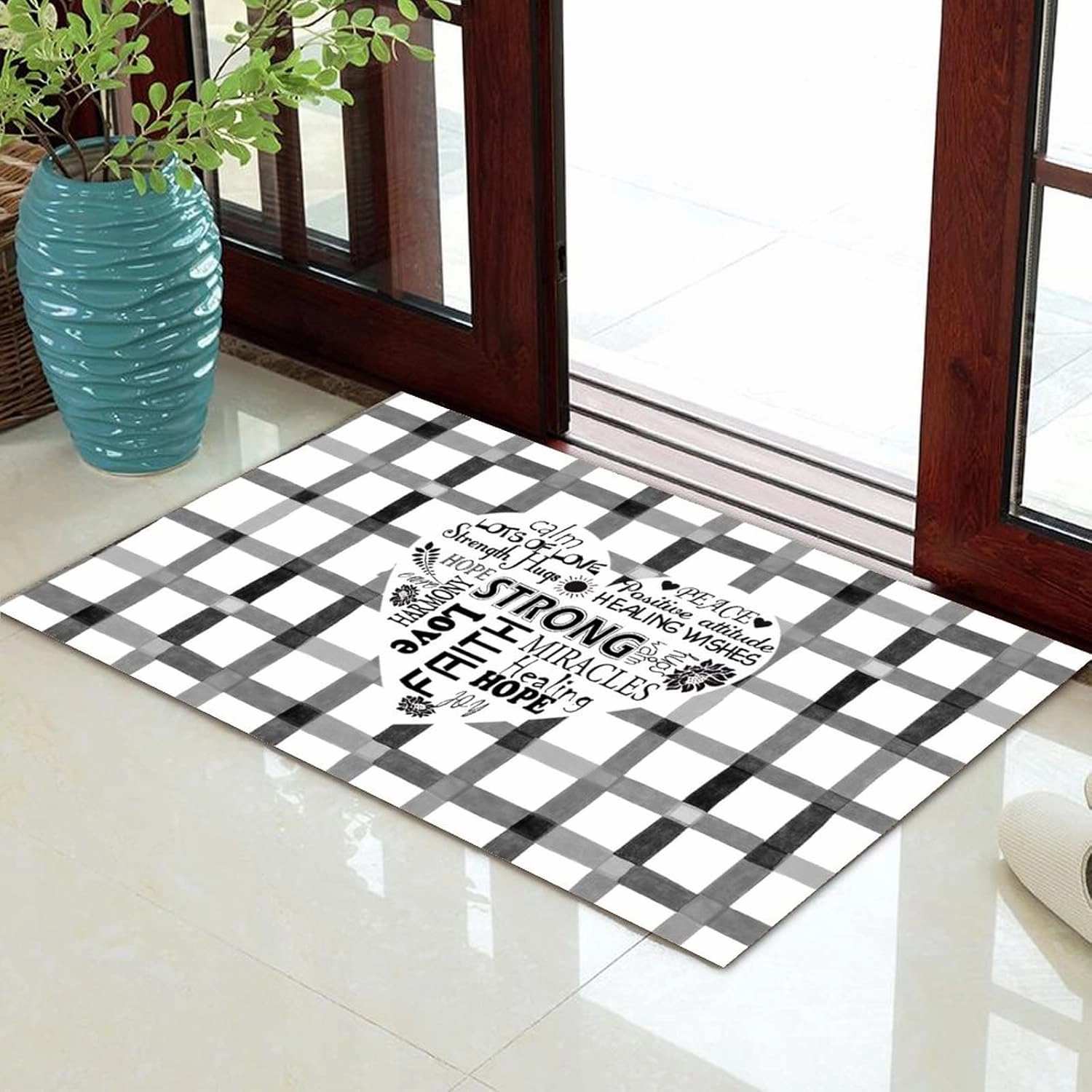 Strong Hope Strength Peace Calm Faith Hugs Healing Positive Coconut Coir Door Mats Love Heart Black White Buffalo Plaid Front Door Porch Outside Dries Quickly Easy to Maintain Housewarming Gift 24x36