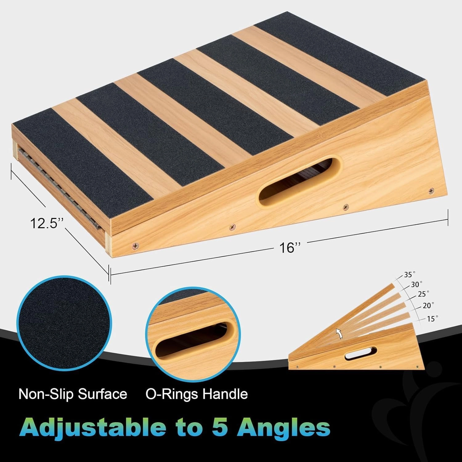 StrongTek Professional Wooden Slant Board, Adjustable Incline Board and Calf Stretcher, Partial-Coverage Design with Side Handle, 5 Angles, 500 lbs Capacity