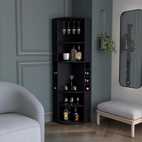 Stylish Oban Corner Bar Cabinet with Five Shelves and Eight Bottle Cubbies, Steamware Black Finish