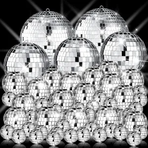 Sumind 50 Pcs Disco Balls Small Disco Balls Silver Hanging Decorations Reflective Mirror Ball Wedding Dance and Music Festivals for Stage Club Ballroom Hall Props(1.2 Inch, 2 Inch, 3.2 Inch, 4 Inch)