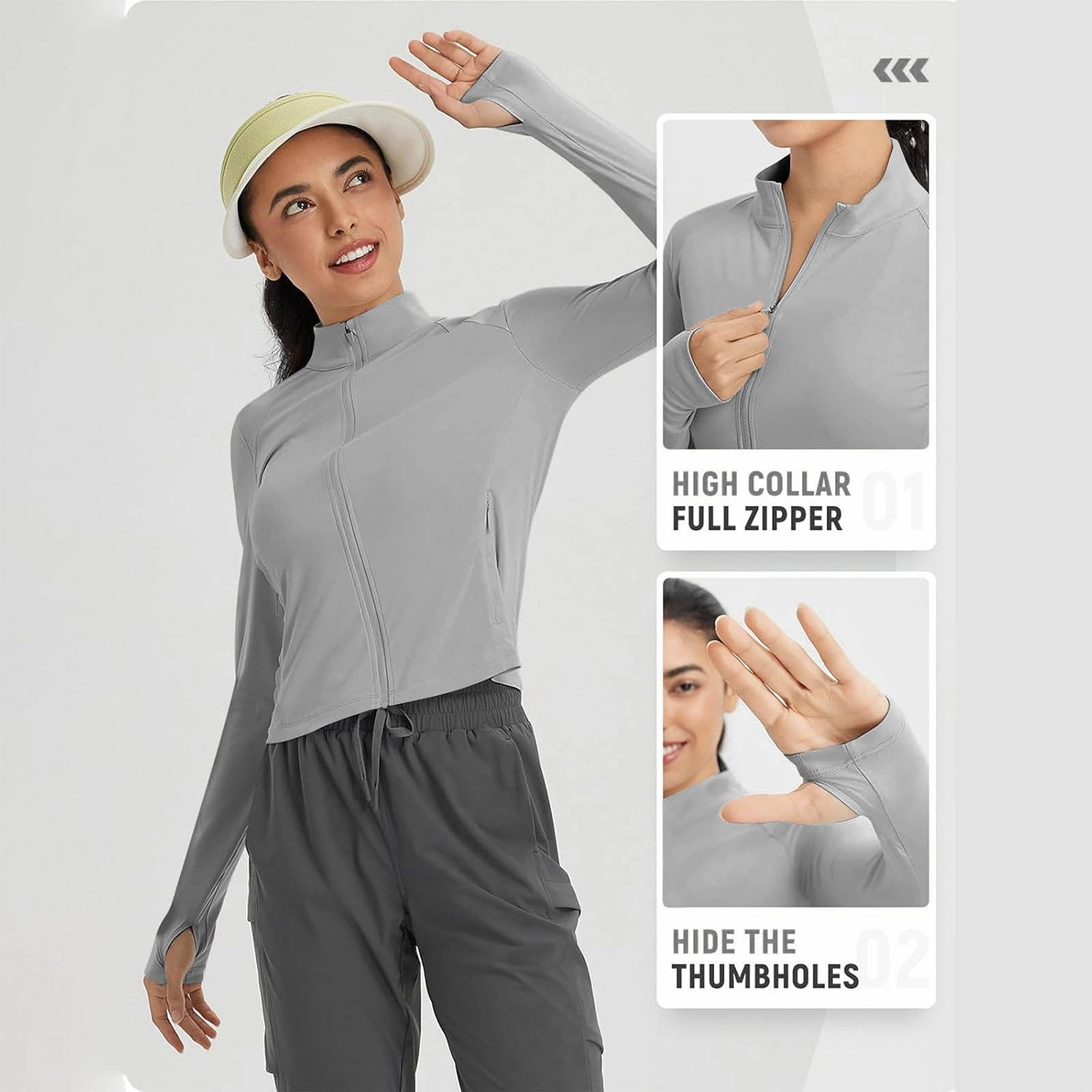 Sun Protection Shirts for Women Long Sleeve Full Zip SPF Crop Jacket Lightweight Hiking Outdoor UV Protection Clothes