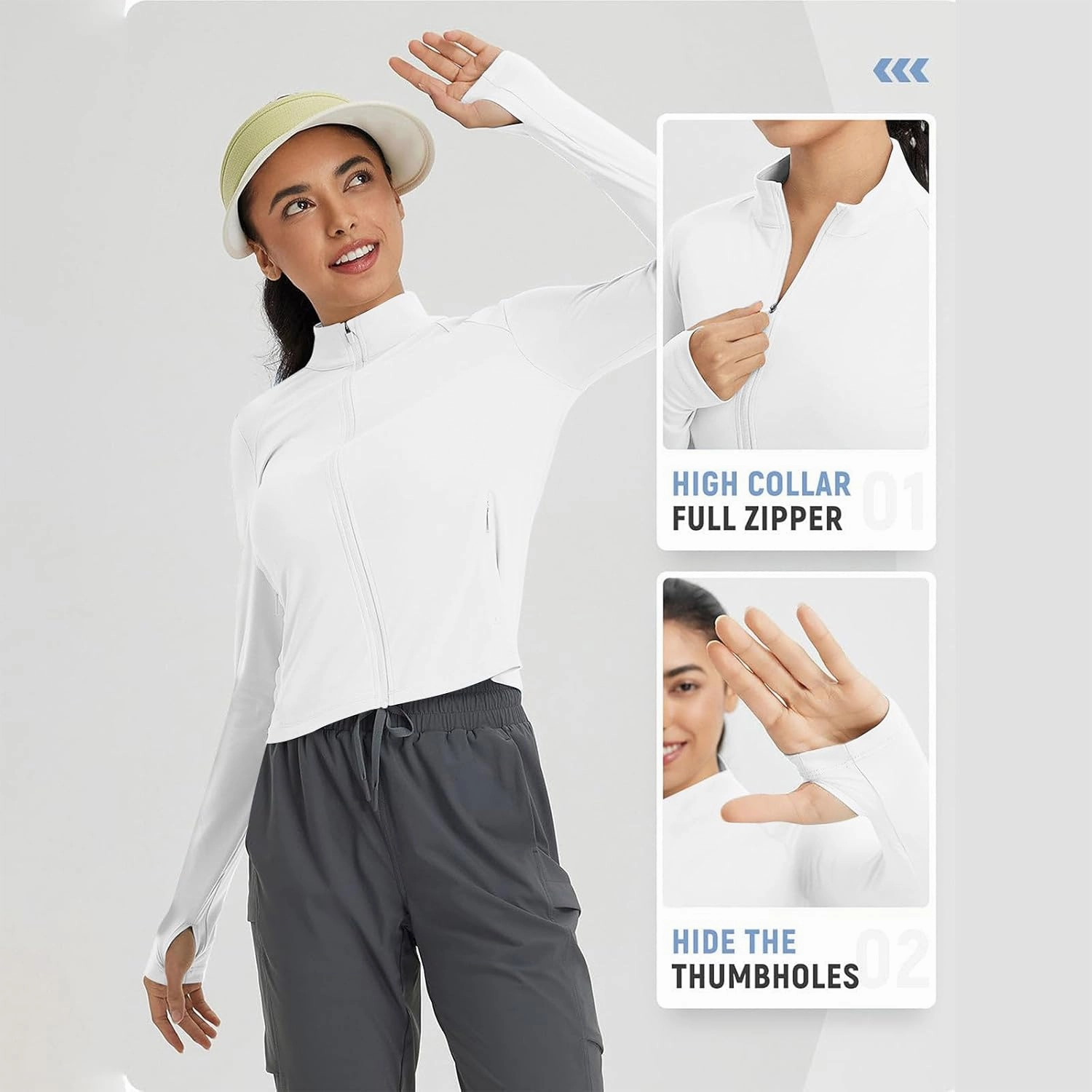 Sun Protection Shirts for Women Long Sleeve Full Zip SPF Crop Jacket Lightweight Hiking Outdoor UV Protection Clothes
