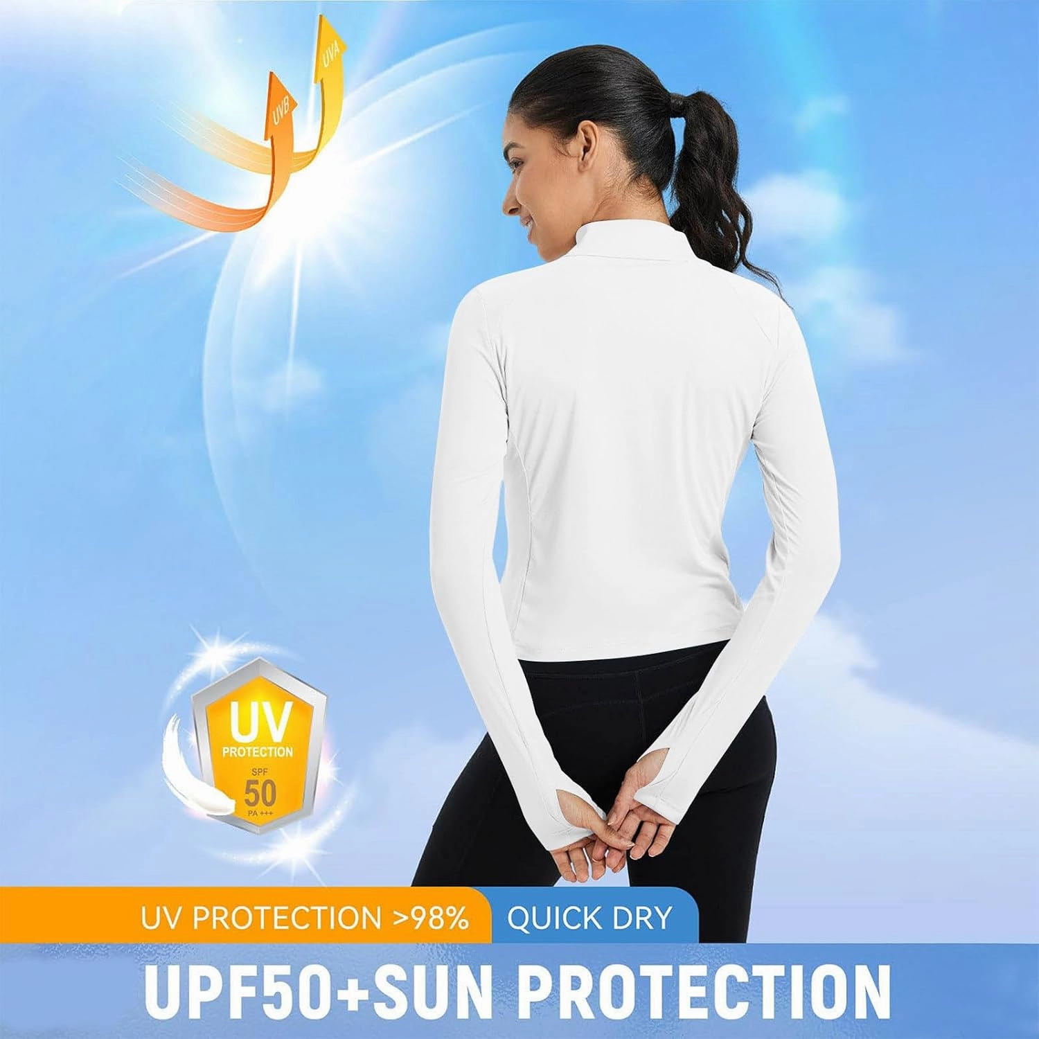 Sun Protection Shirts for Women Long Sleeve Full Zip SPF Crop Jacket Lightweight Hiking Outdoor UV Protection Clothes