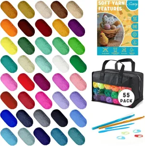 SUNTQ 55 PCS Crochet Yarn Kit, 1600 Yards 40 Colors Acrylic Yarn Skeins, 2 Crochet Hooks, 2 Weaving Needles, 10 Stitch Markers, 1 Bag, Bulk Yarn for Crocheting & Knitting, Gift for Beginners