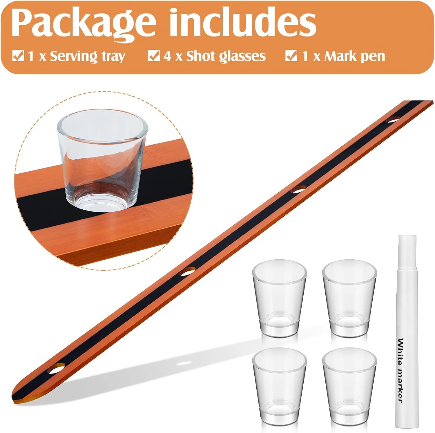 Suzile Wooden Shot Board Ski 4 Person Retro Rustic Shot Board Ski with 4 Shot Glasses and Marker for Weddings Vacations Celebrations and Wedding Gifts(Brown and Black)