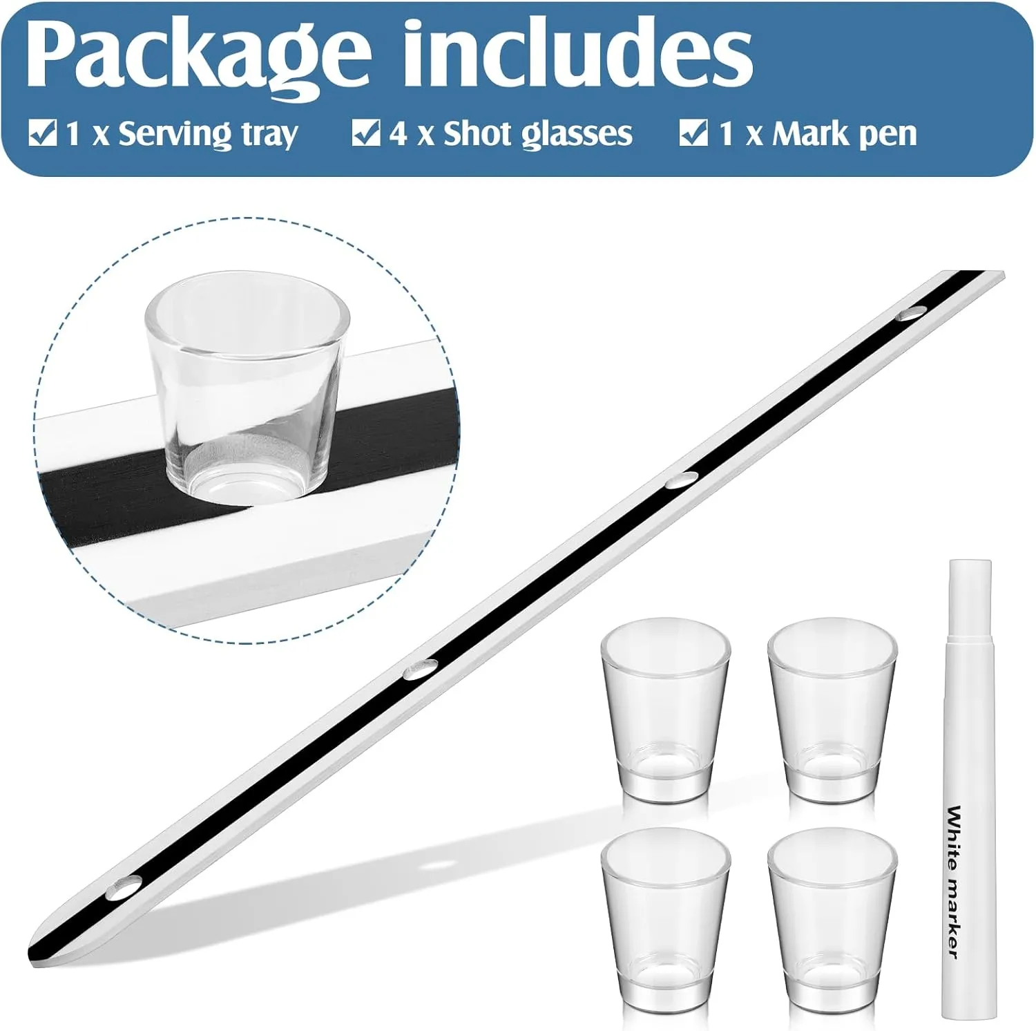 Suzile Wooden Shot Board Ski 4 Person Retro Rustic Shot Board Ski with 4 Shot Glasses and Marker for Weddings Vacations Celebrations and Wedding Gifts(White and Black)
