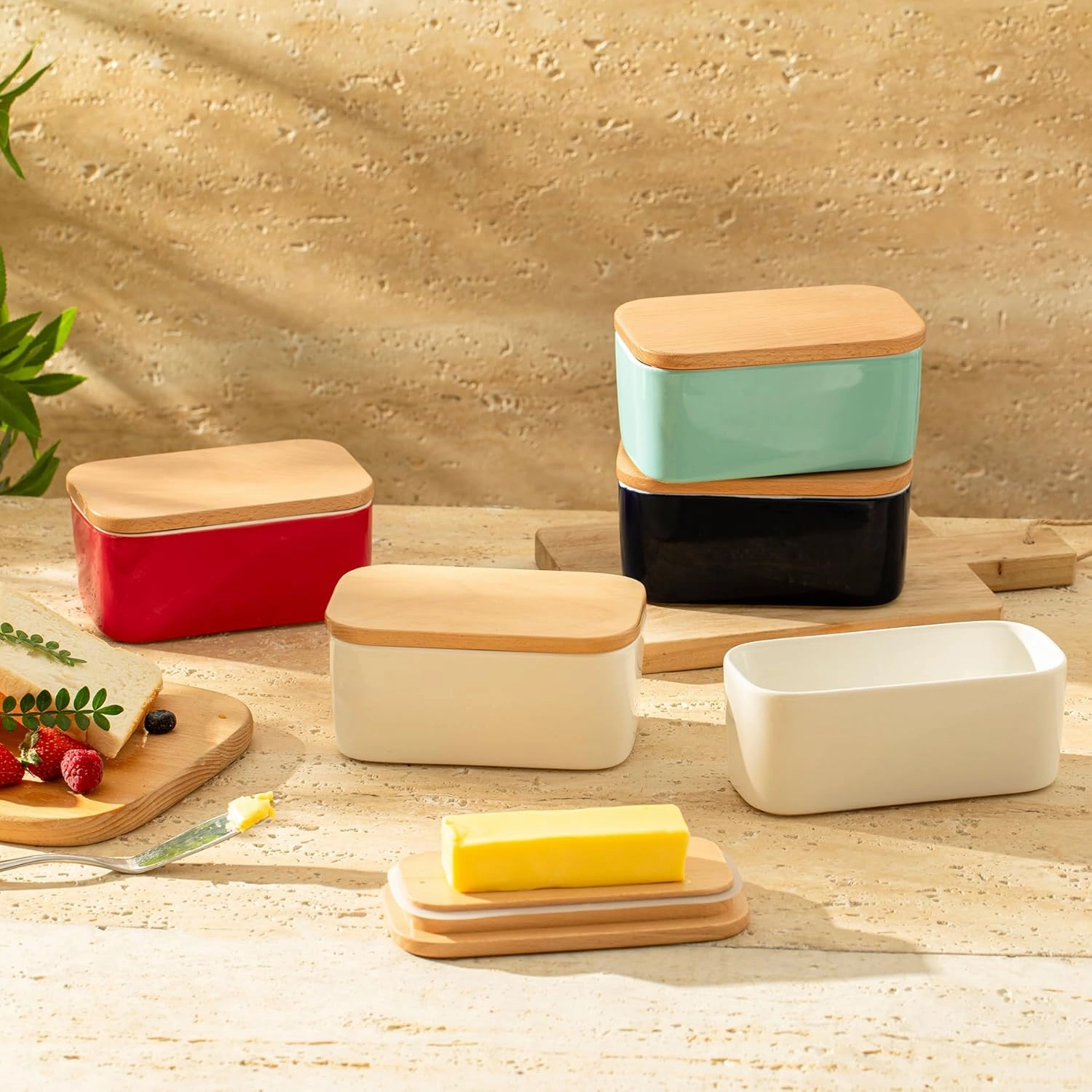 Sweese Large Butter Dish - Airtight Butter Keeper Holds Up to 2 Sticks of Butter - Porcelain Container with Beech Wooden Lid, White