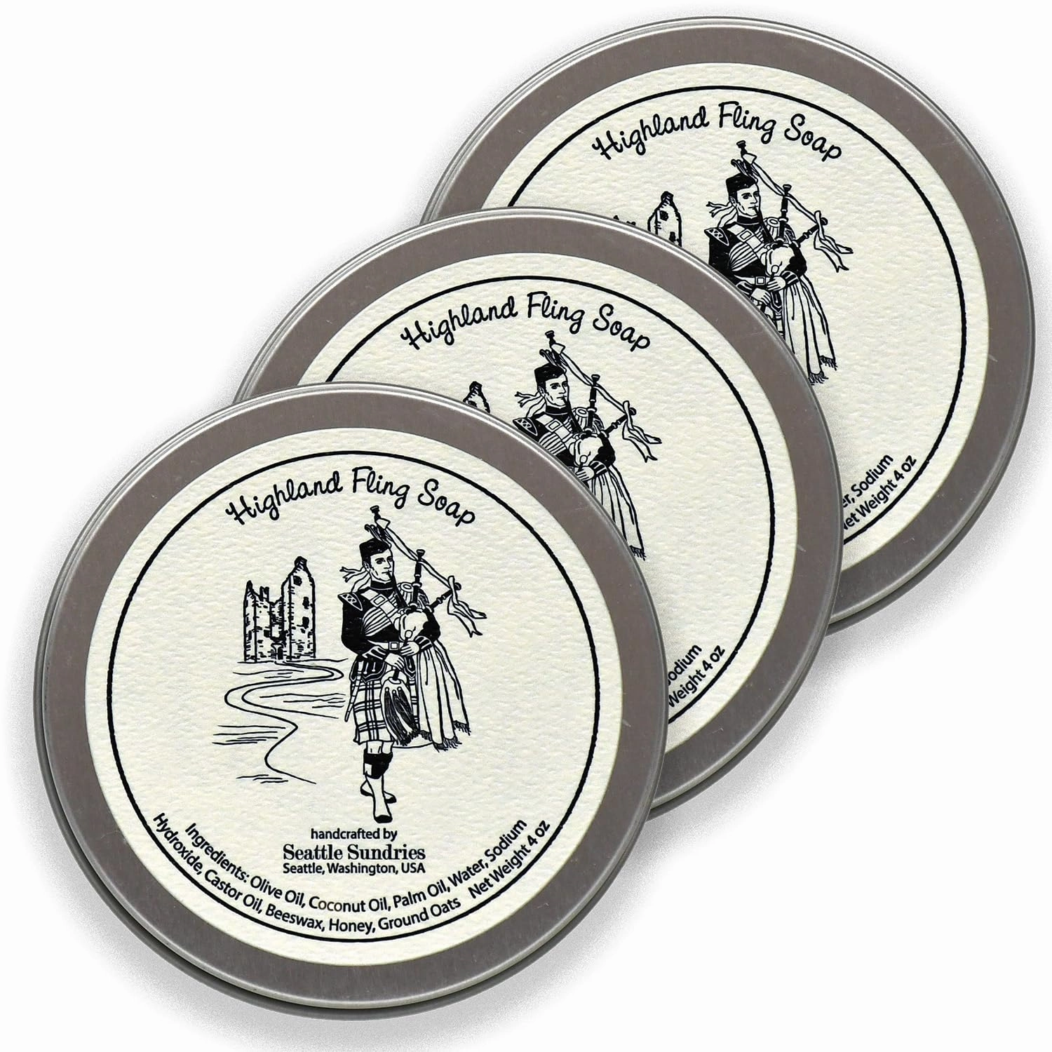 Sweet Honey & Oatmeal Soap Pack for Women & Men - 3x (4oz) Exfoliating All-Natural Bar Soap in a Reusable Travel Tin - Highlander Theme Gift Bundle
