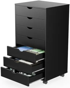 Sweetcrispy 7 Drawer Chest Mobile Storage Cabinets Wooden Dresser with Wheels Room Organization Furniture for Office Home, Black Wood