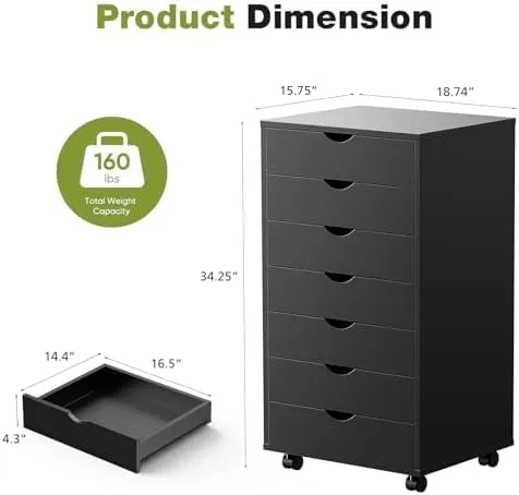 Sweetcrispy 7 Drawer Chest Mobile Storage Cabinets Wooden Dresser with Wheels Room Organization Furniture for Office Home, Black Wood