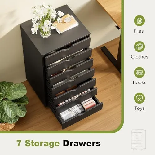 Sweetcrispy 7 Drawer Chest Mobile Storage Cabinets Wooden Dresser with Wheels Room Organization Furniture for Office Home, Black Wood
