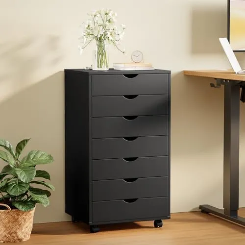 Sweetcrispy 7 Drawer Chest Mobile Storage Cabinets Wooden Dresser with Wheels Room Organization Furniture for Office Home, Black Wood
