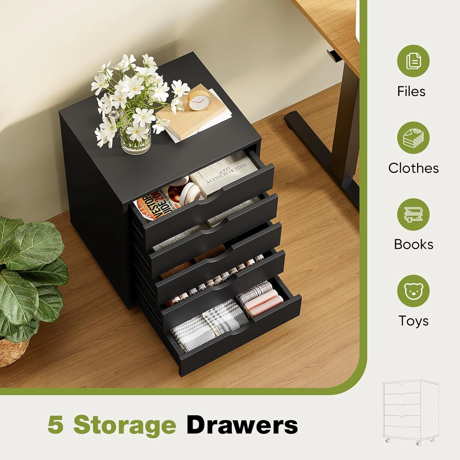 Sweetcrispy 5 Drawer Chest Mobile Storage Cabinets Small Wooden Dresser with Wheels Room Organization Furniture for Office Home, Black Wood