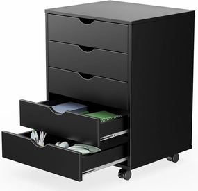 Sweetcrispy 5 Drawer Chest Mobile Storage Cabinets Small Wooden Dresser with Wheels Room Organization Furniture for Office Home, Black Wood