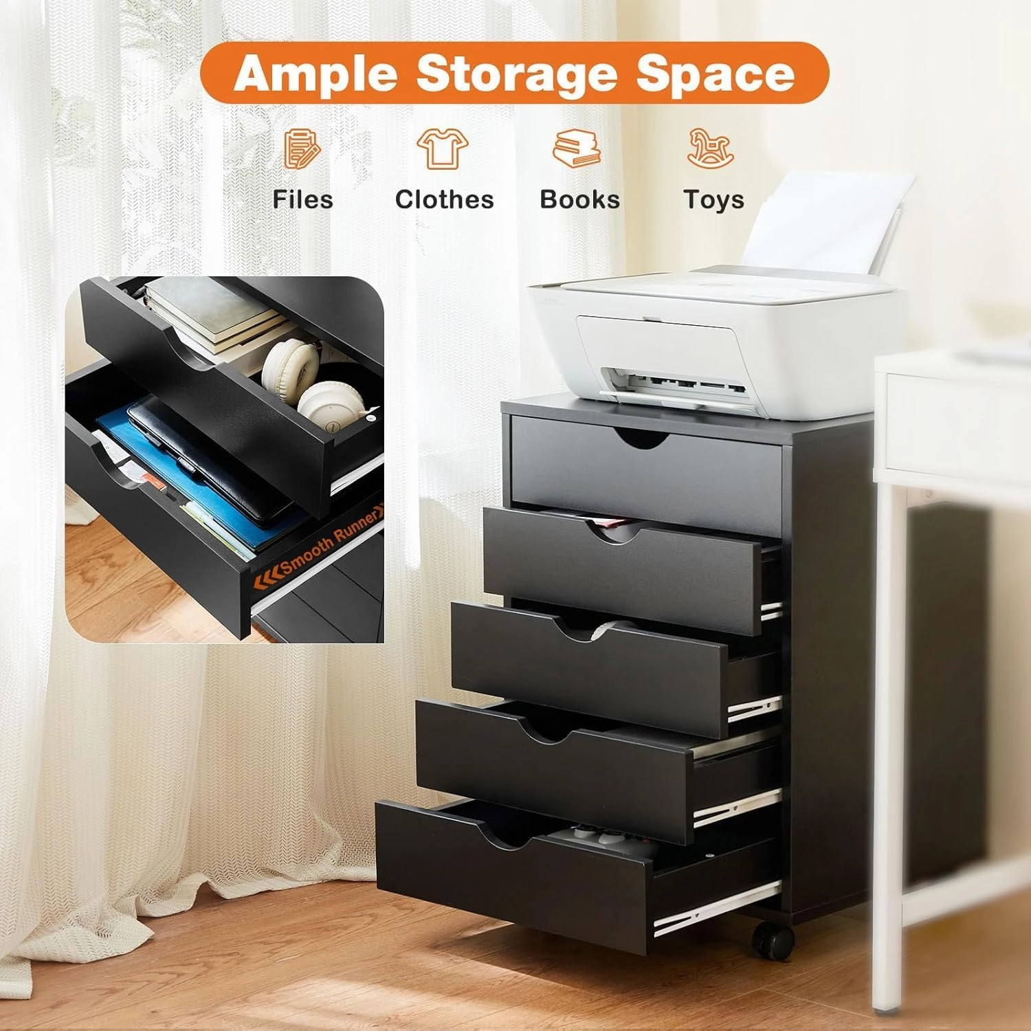 Sweetcrispy 5 Drawer Chest Mobile Storage Cabinets Small Wooden Dresser with Wheels Room Organization Furniture for Office Home, Dark Black Wood