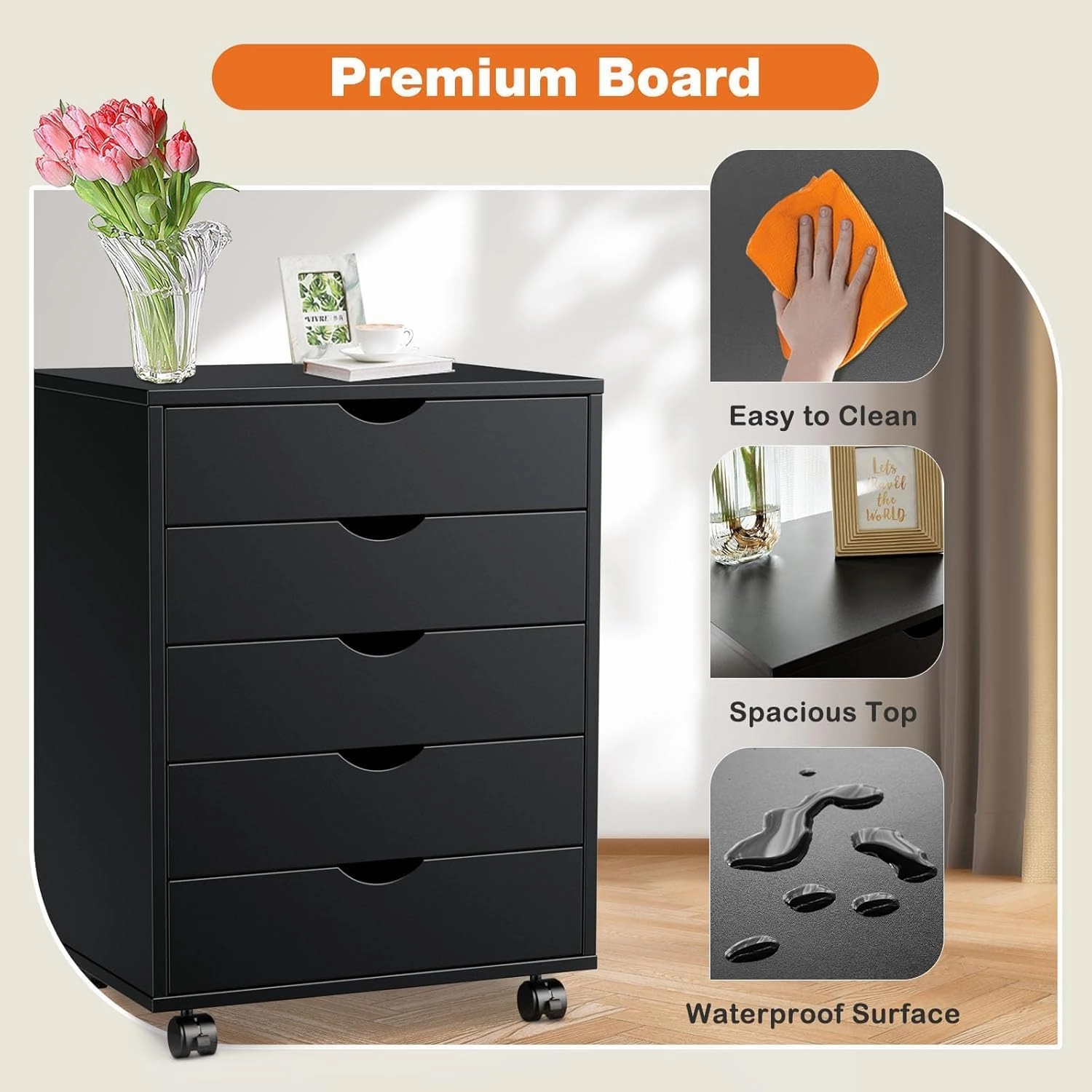 Sweetcrispy 5 Drawer Chest Mobile Storage Cabinets Small Wooden Dresser with Wheels Room Organization Furniture for Office Home, Dark Black Wood