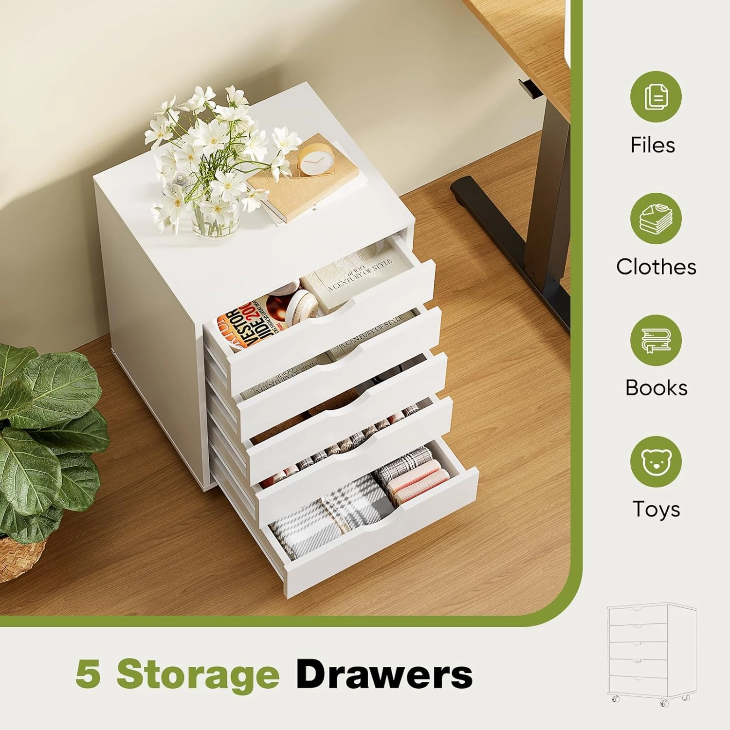 Sweetcrispy 5 Drawer Chest Mobile Storage Cabinets Small Wooden Dresser with Wheels Room Organization Furniture for Office Home, White Wood