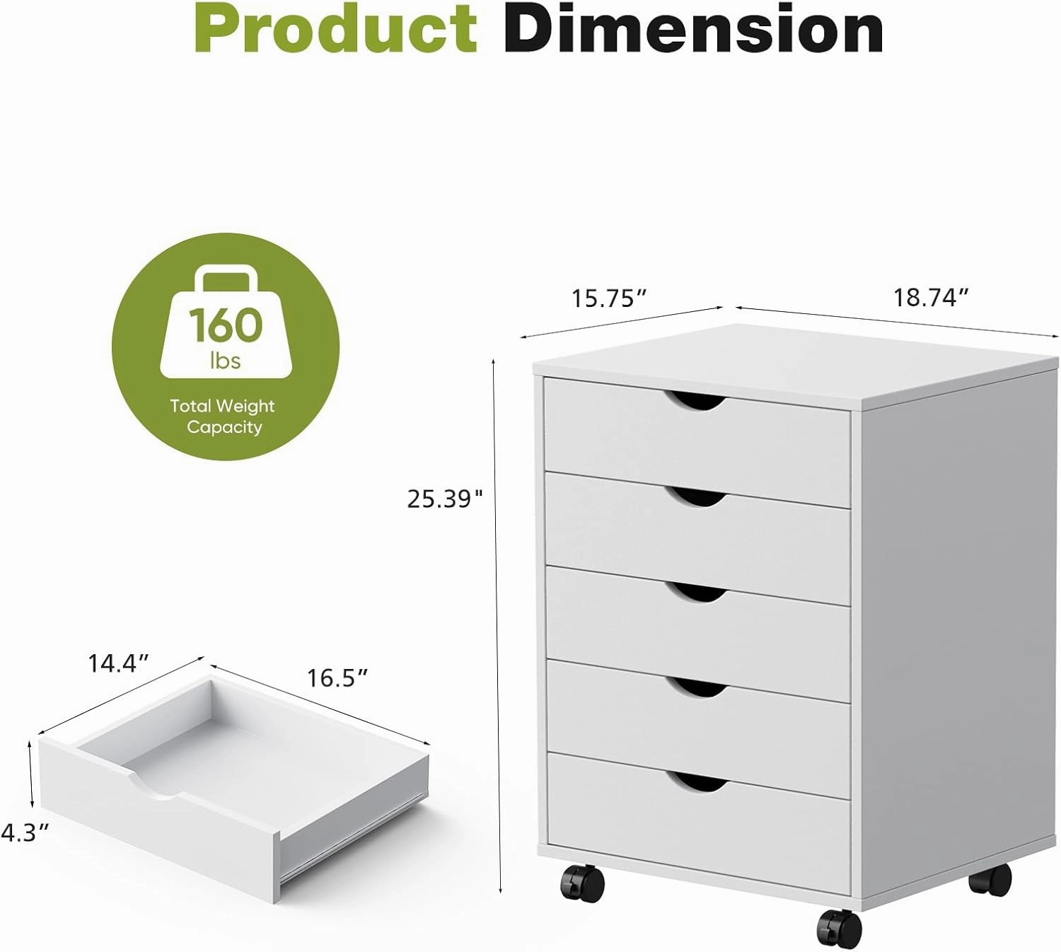 Sweetcrispy 5 Drawer Chest Mobile Storage Cabinets Small Wooden Dresser with Wheels Room Organization Furniture for Office Home, White Wood