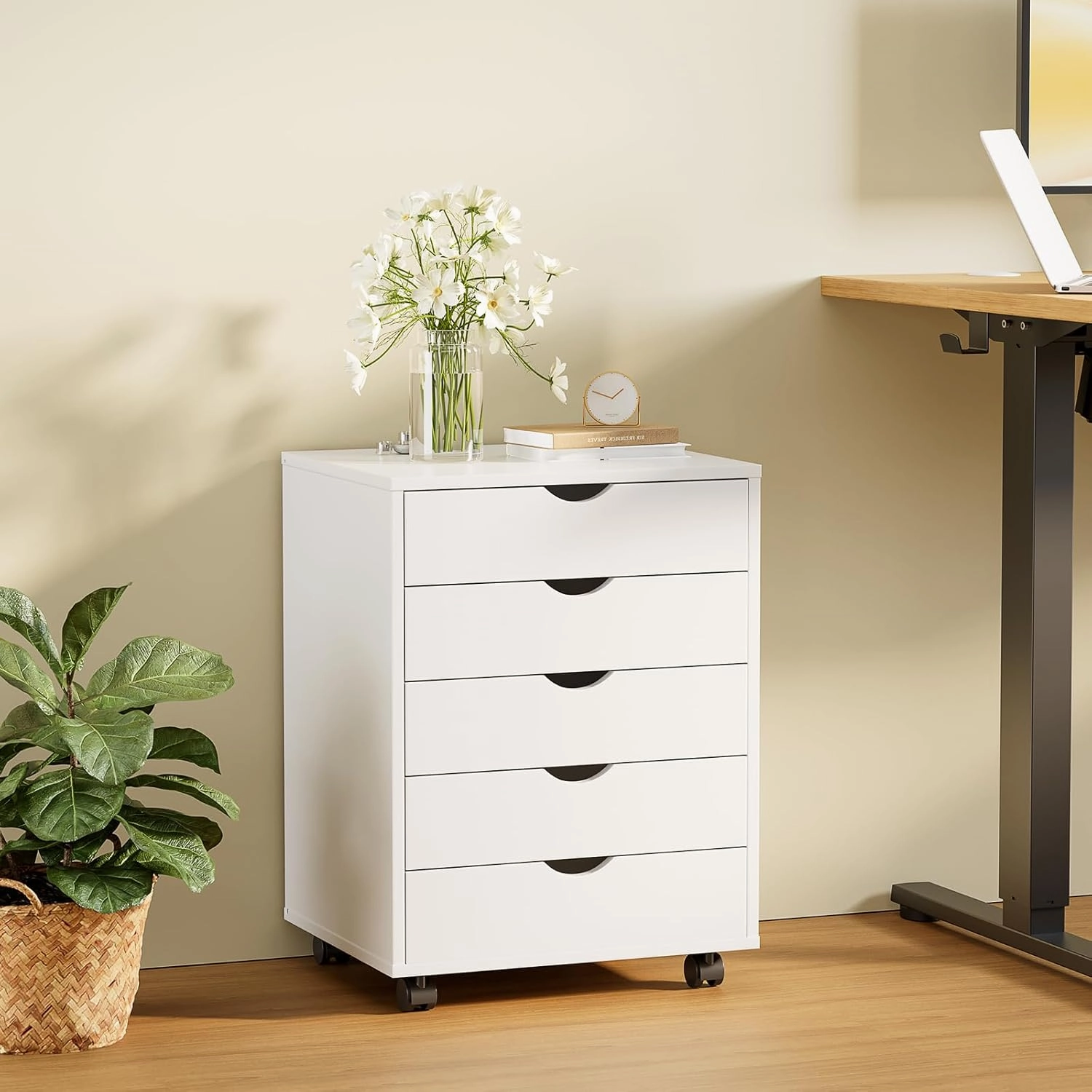 Sweetcrispy 5 Drawer Chest Mobile Storage Cabinets Small Wooden Dresser with Wheels Room Organization Furniture for Office Home, White Wood