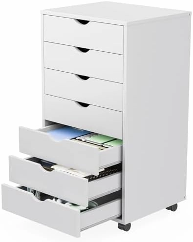 Sweetcrispy 7 Drawer Chest Mobile Storage Cabinets Wooden Dresser with Wheels Room Organization Furniture for Office, Pure White