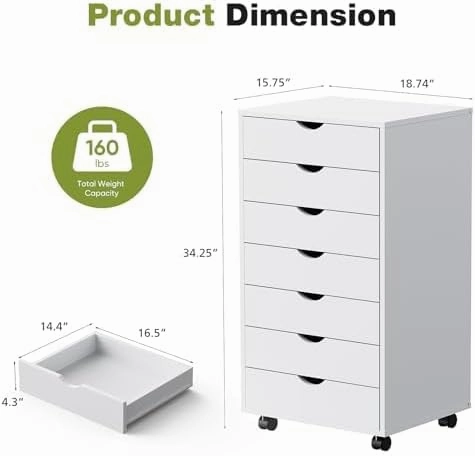 Sweetcrispy 7 Drawer Chest Mobile Storage Cabinets Wooden Dresser with Wheels Room Organization Furniture for Office, Pure White