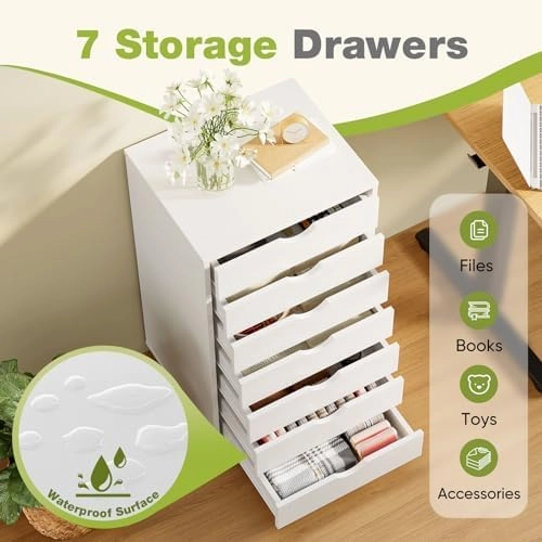 Sweetcrispy 7 Drawer Chest Mobile Storage Cabinets Wooden Dresser with Wheels Room Organization Furniture for Office, Pure White