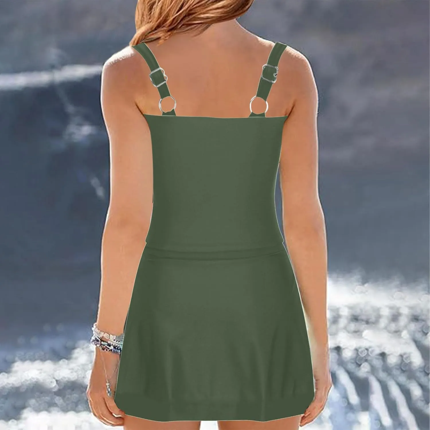 Swim Dress Tummy Control Tankini Tops for Women Two Piece Skirts Bathing Suit Solid Color Summer Beach Swimsuits