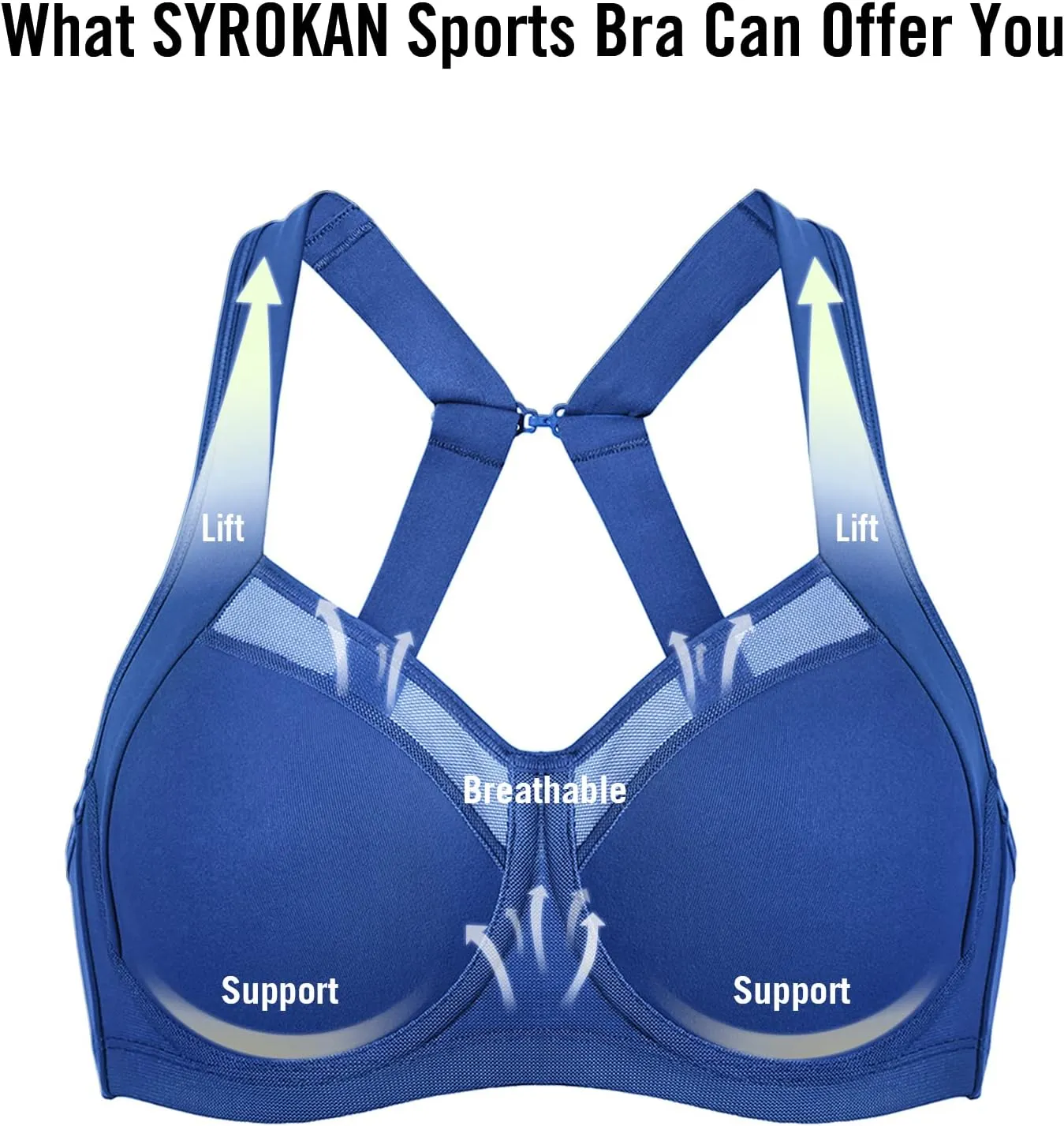SYROKAN High Impact Sports Bras for Women High Support No Uniboob Underwire Adjustable Cross Back Bra