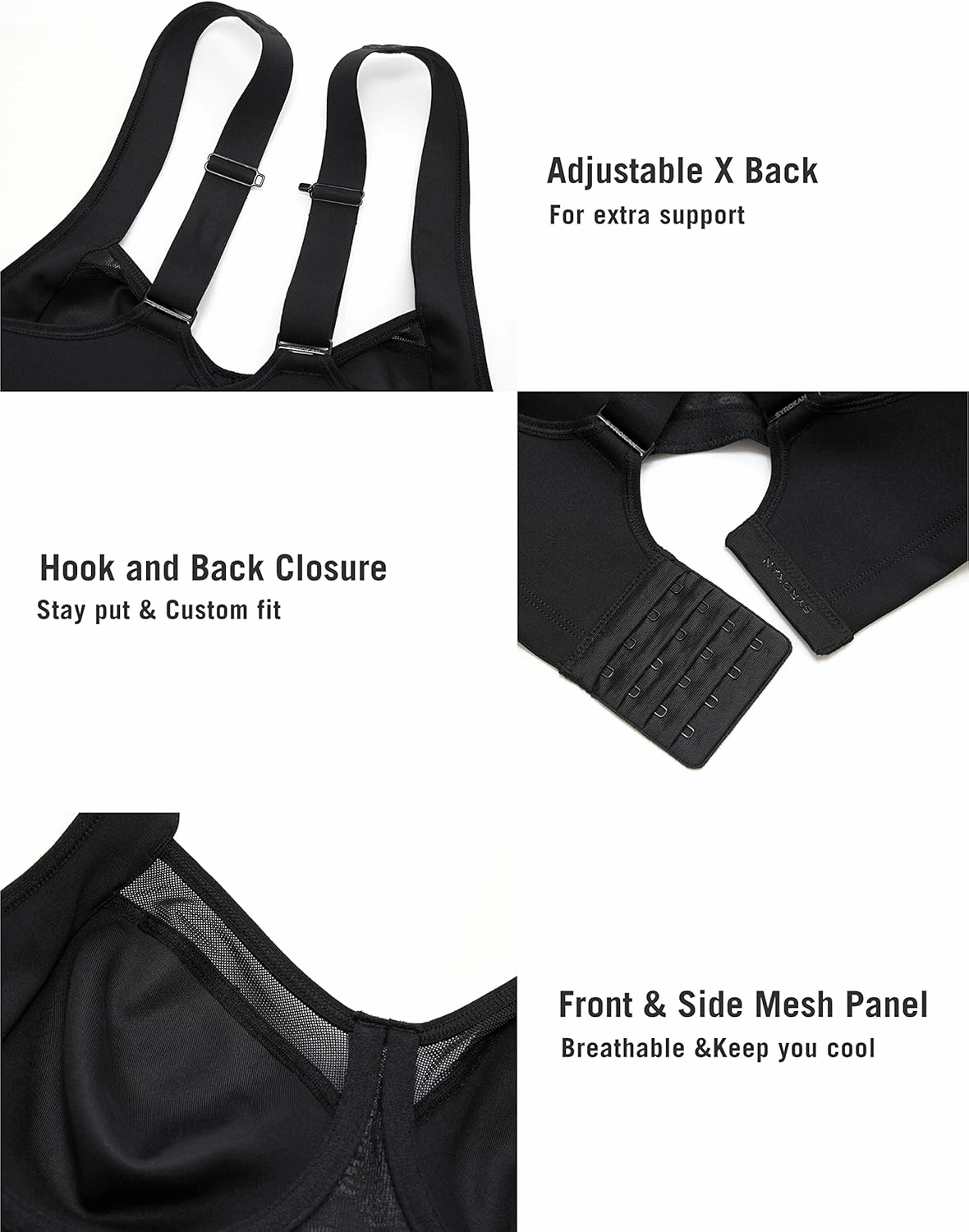 SYROKAN High Impact Sports Bras for Women High Support No Uniboob Underwire Adjustable Cross Back Bra