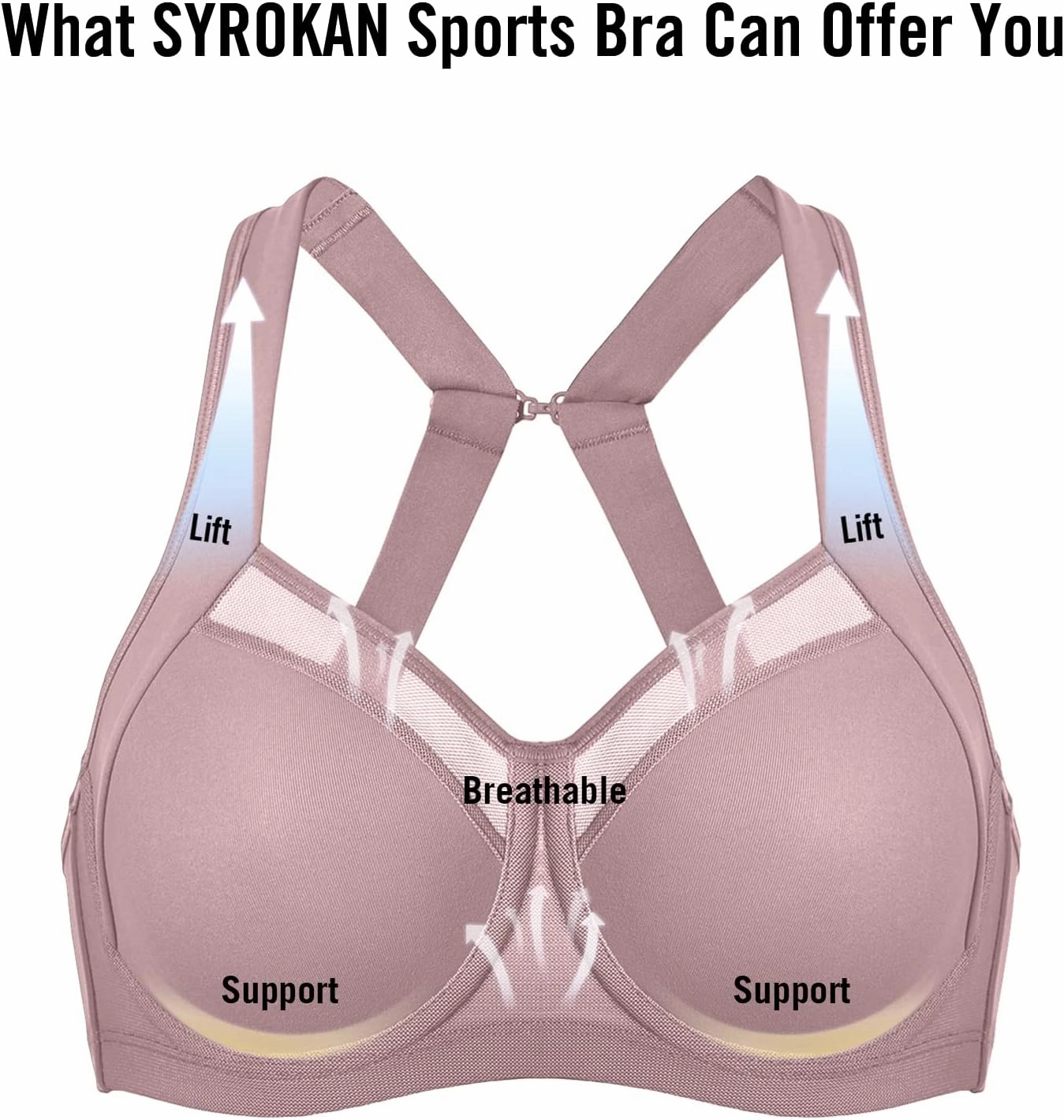 SYROKAN High Impact Sports Bras for Women High Support No Uniboob Underwire Adjustable Cross Back Bra