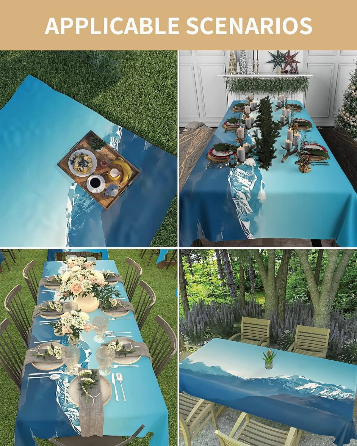 Tablecloth for Rectangle/Oval Tables 54 x 108 Inch Natural Snowy Mountain Landscape Mountain Range Photo Blue Fabric Table Cover Washable Table Cloth for Dinning Party Outdoor Picnic Decorative