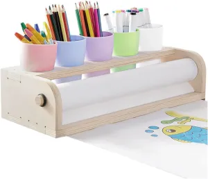 Tabletop Paper Roll Dispenser Kids Art Easel with Five Pencil Holder Cups and Paper Rolls (15" x 16.4ft) Desktop Easel for Drawing Wooden Paper Roll Dispenser Durable Paper Roll Holder