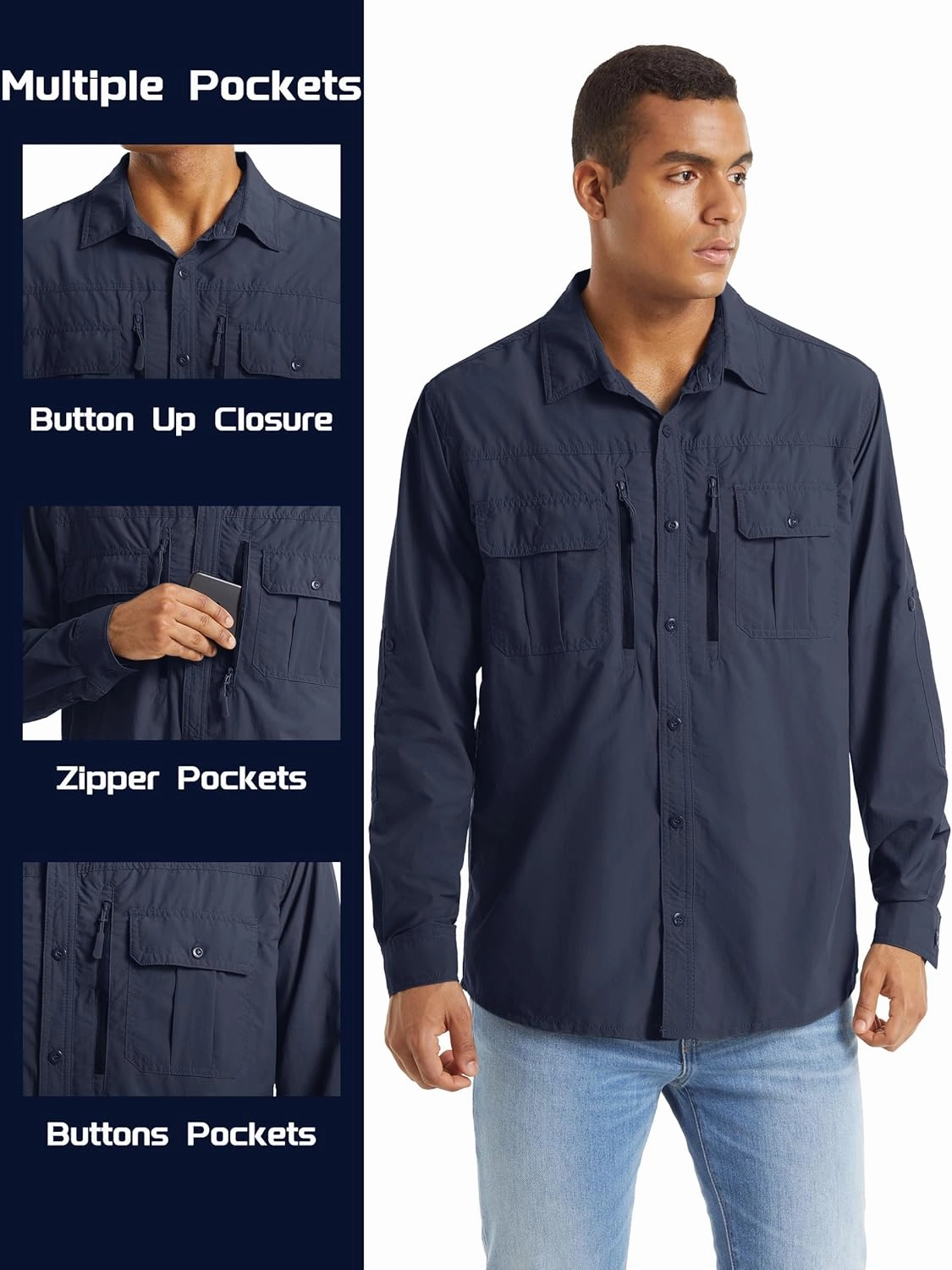 TACVASEN Fishing Shirt for Men, Long Sleeve Shirt Quick Dry Fit, Tactical Shirt Button Up, Work Shirt Lightweight Safari
