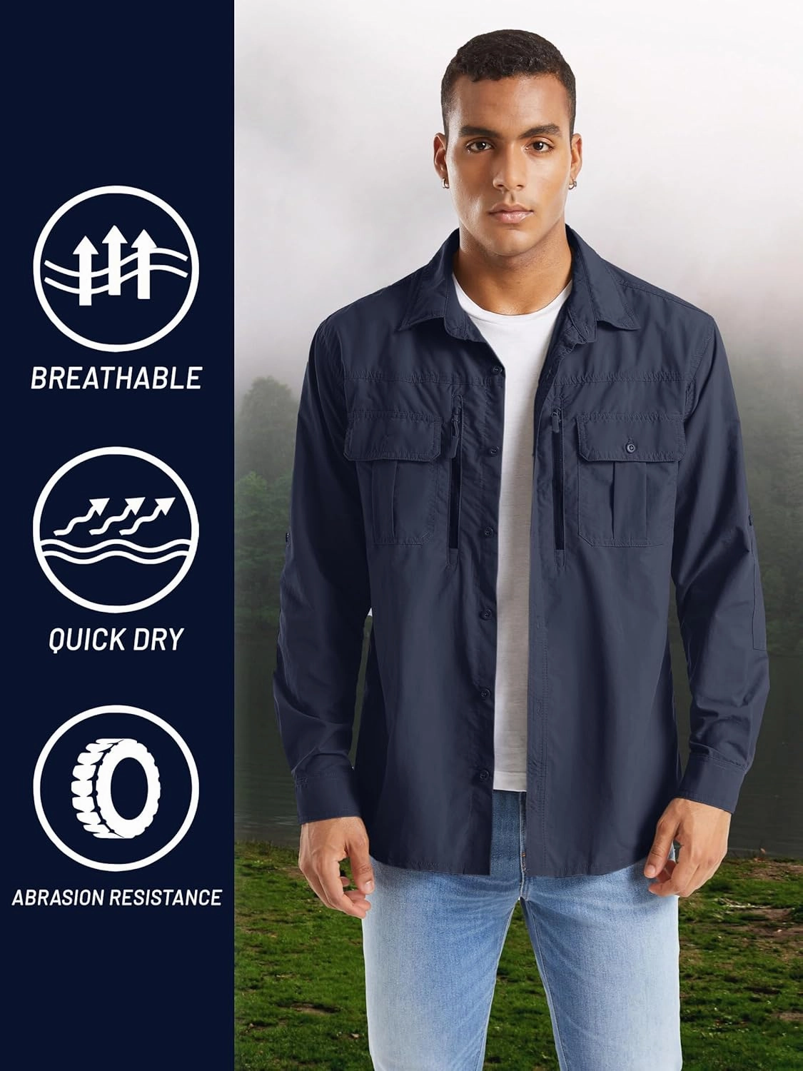 TACVASEN Fishing Shirt for Men, Long Sleeve Shirt Quick Dry Fit, Tactical Shirt Button Up, Work Shirt Lightweight Safari