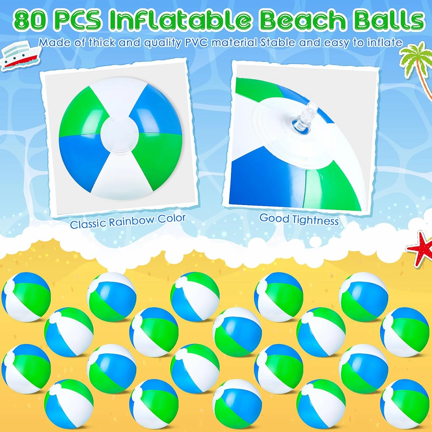 Talltalk 80 Pack 12 Inch Inflatable Beach Balls Bulk for Kids Summer Swimming Pool Ball Small Beach Party Favors Hawaiian Tropical Theme Water Games Party Decorations(Green, Blue)