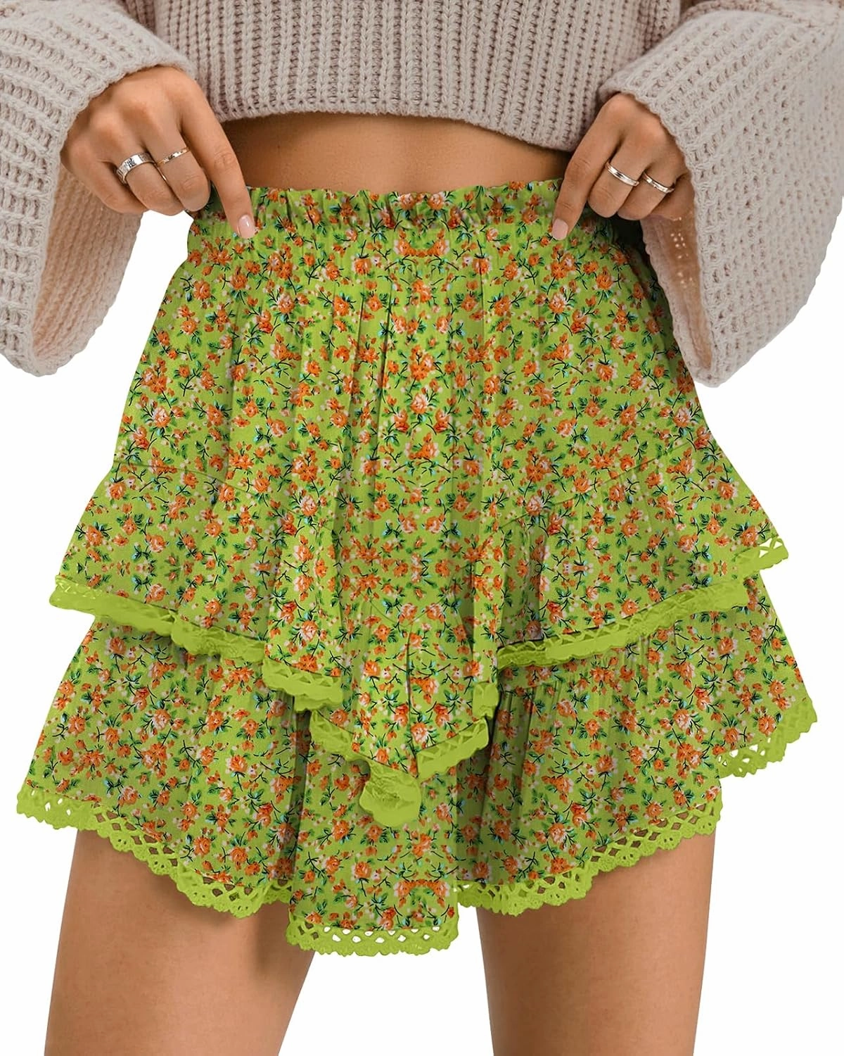 TARSE Womens Flowy Shorts High Waist Pleated Mini Skirts Casual Boho Ruffle Tiered Skorts Cute Versatile Fashion Shorts