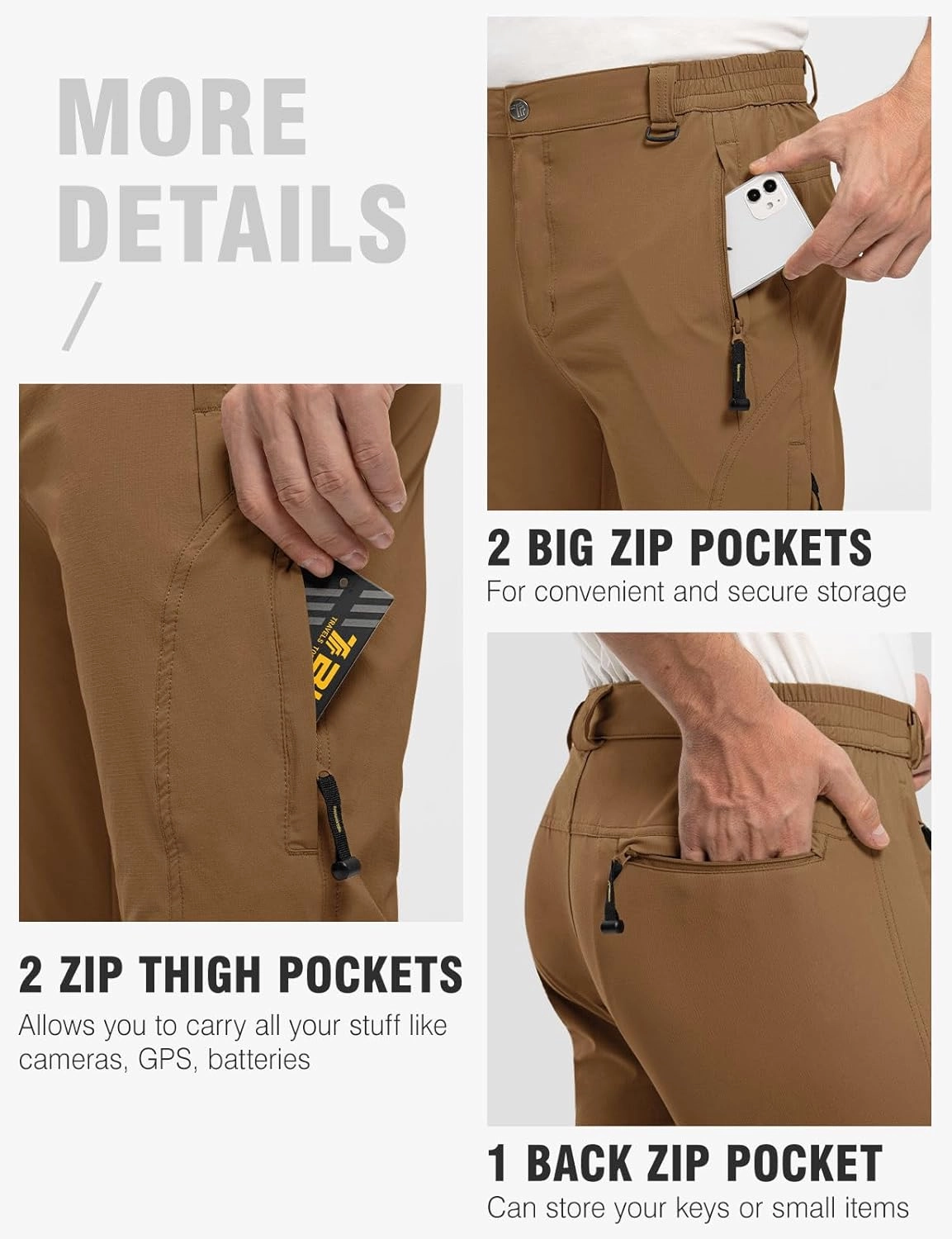 TBMPOY Men's Lightweight Hiking Pants with Belt 5 Zip Pockets Waterproof Quick-Dry Travel Fishing Work Outdoor Pants